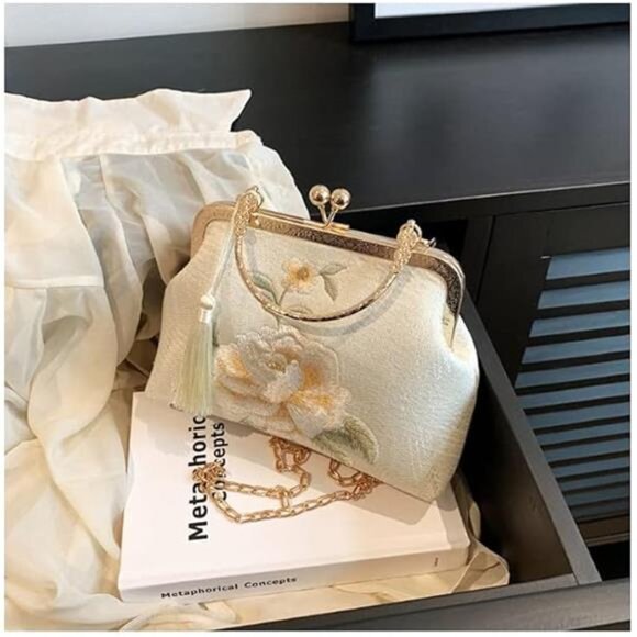 Embroidered Peony Flower Clutch Purse Chinese Style Evening Crossbody Bag - Picture 7 of 8